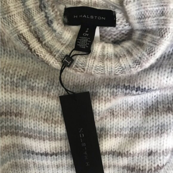 HALSTON NEW Puff Sleeve Sweater Chunky Knit Striped Mock Neck Cozy Wool Blend S - Picture 6 of 12